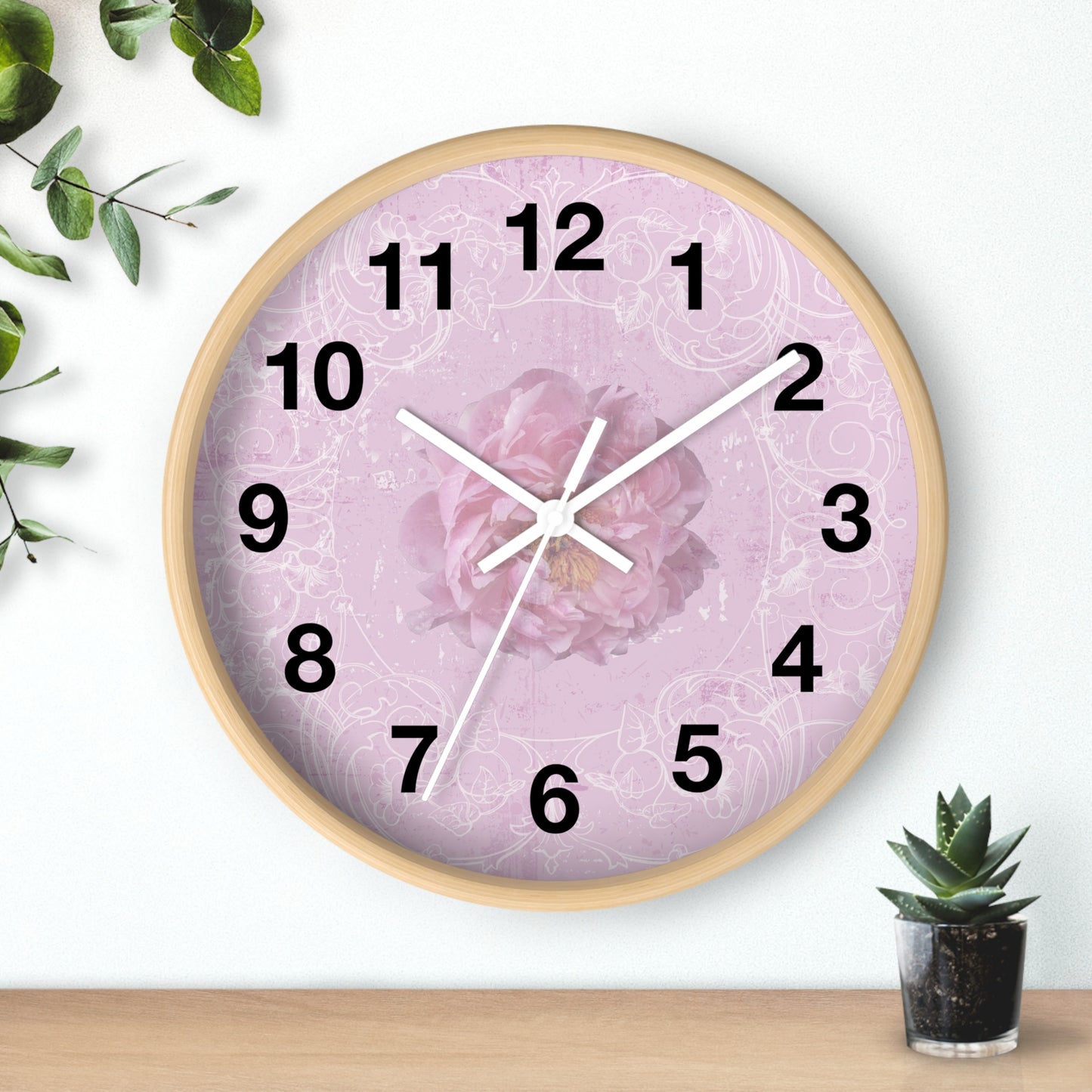 Pink Floral Wall Clock — Romantic Rose Decorative Clock for Bedroom, Nursery, or Gift