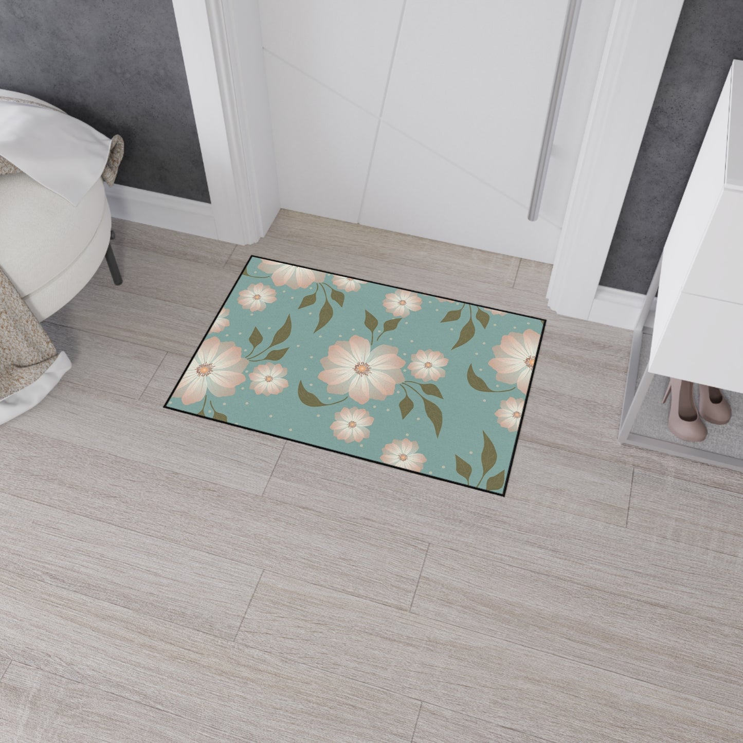 Floral Heavy-Duty Floor Mat — Teal Pastel Blossom Rug for Entryway & Kitchen