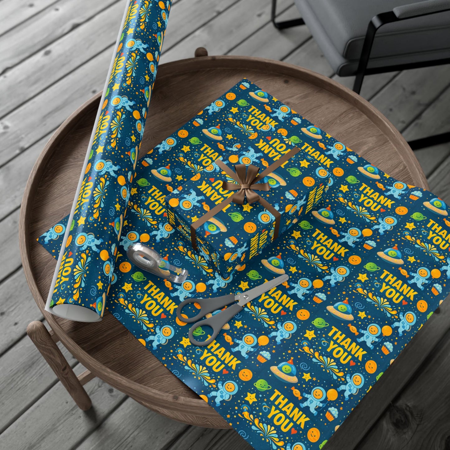 Gift Wrap Paper - 'Thank You' Space Party Pattern (Blue)