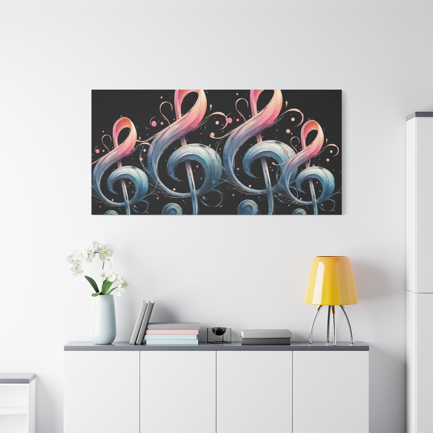 Musical Treble Clef Canvas Wall Art — Pastel Ribbon Notes on Black
