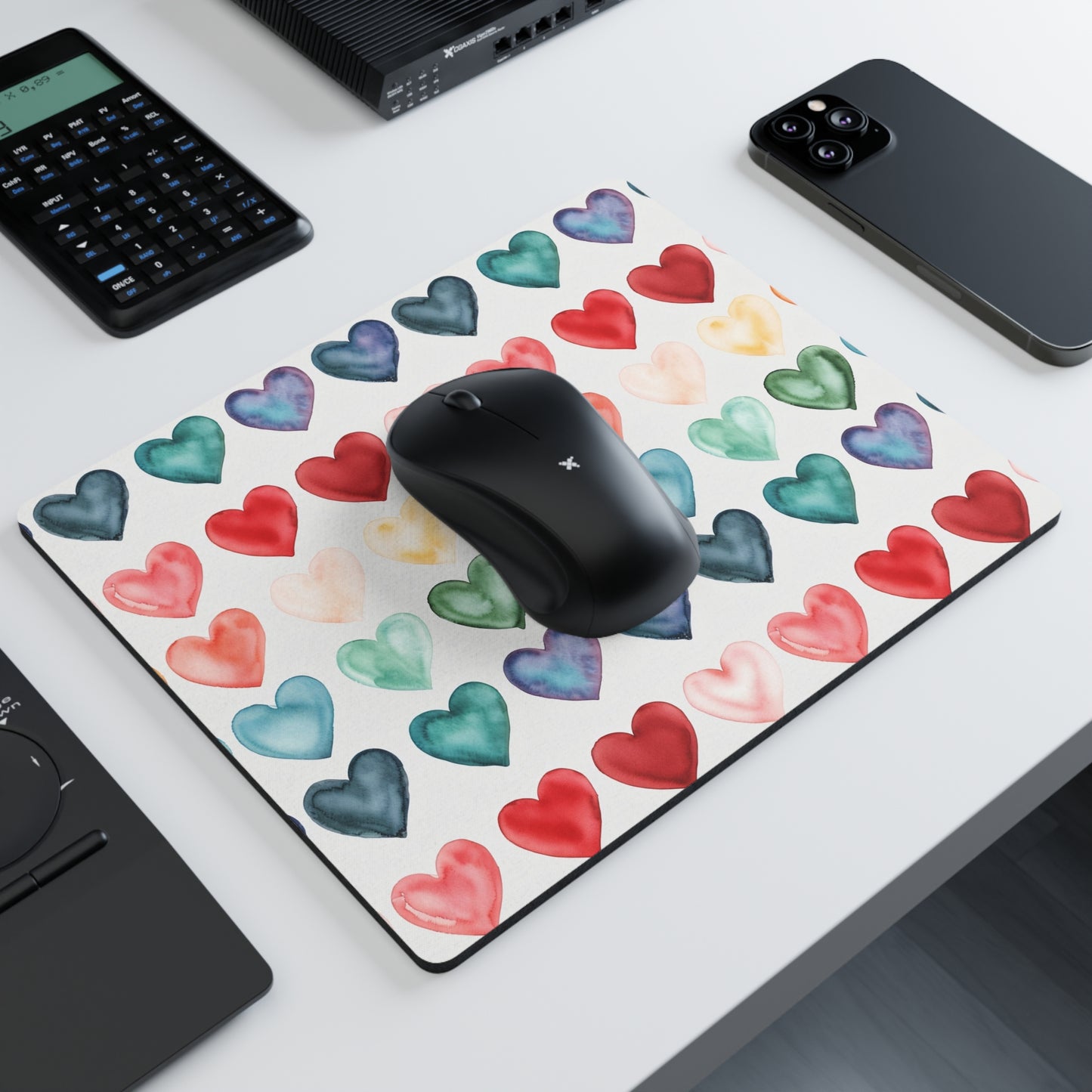 Colorful Watercolor Hearts Rectangular Mouse Pad — Vibrant Desk Mousepad for Home & Office
