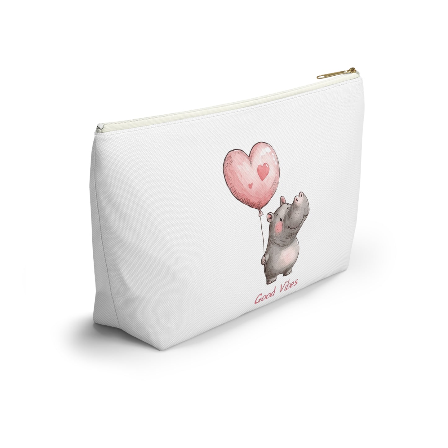 Good Vibes Hippo Accessory Pouch, Cute Makeup Bag, Gift for Animal Lovers, Fun Travel Organizer, Heart Balloon Design