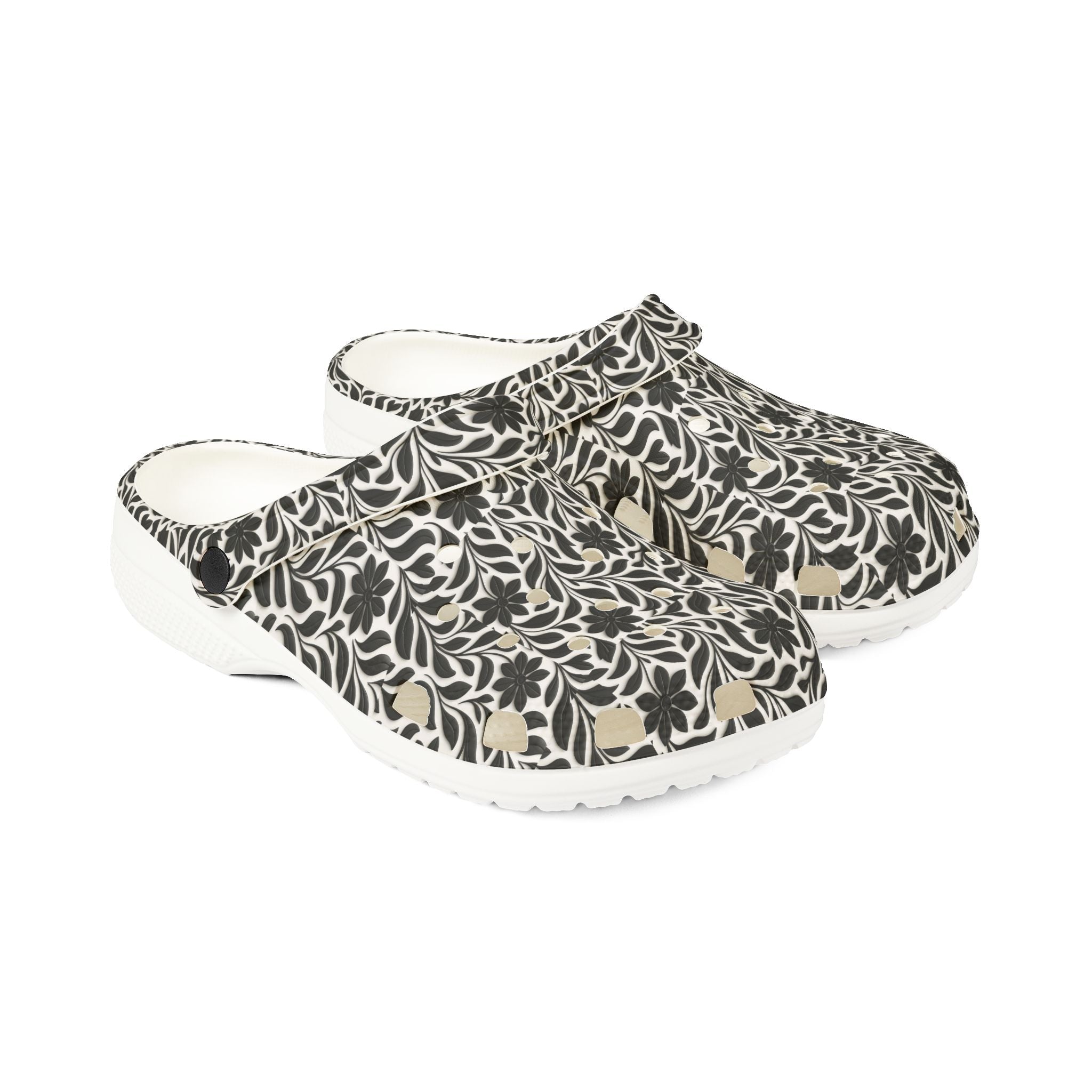 Floral EVA Foam Clogs — Lightweight Black & Cream Garden Pattern
