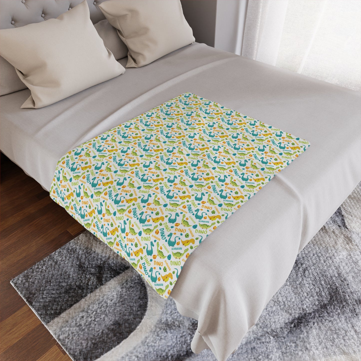 Baby Footprint Minky Blanket — Soft Dinosaur Pattern Nursery Throw