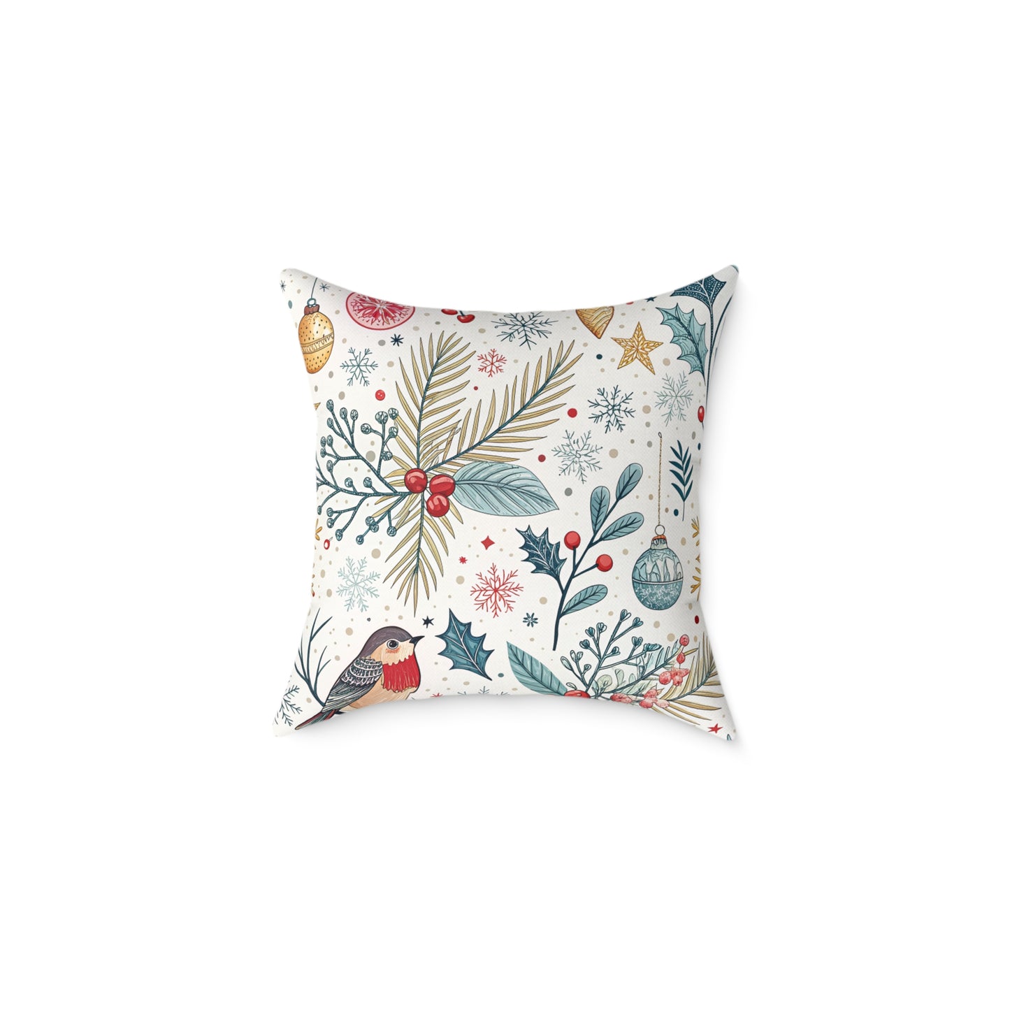 Festive Robin Holiday Pillow — Christmas Botanical Decorative Throw Pillow