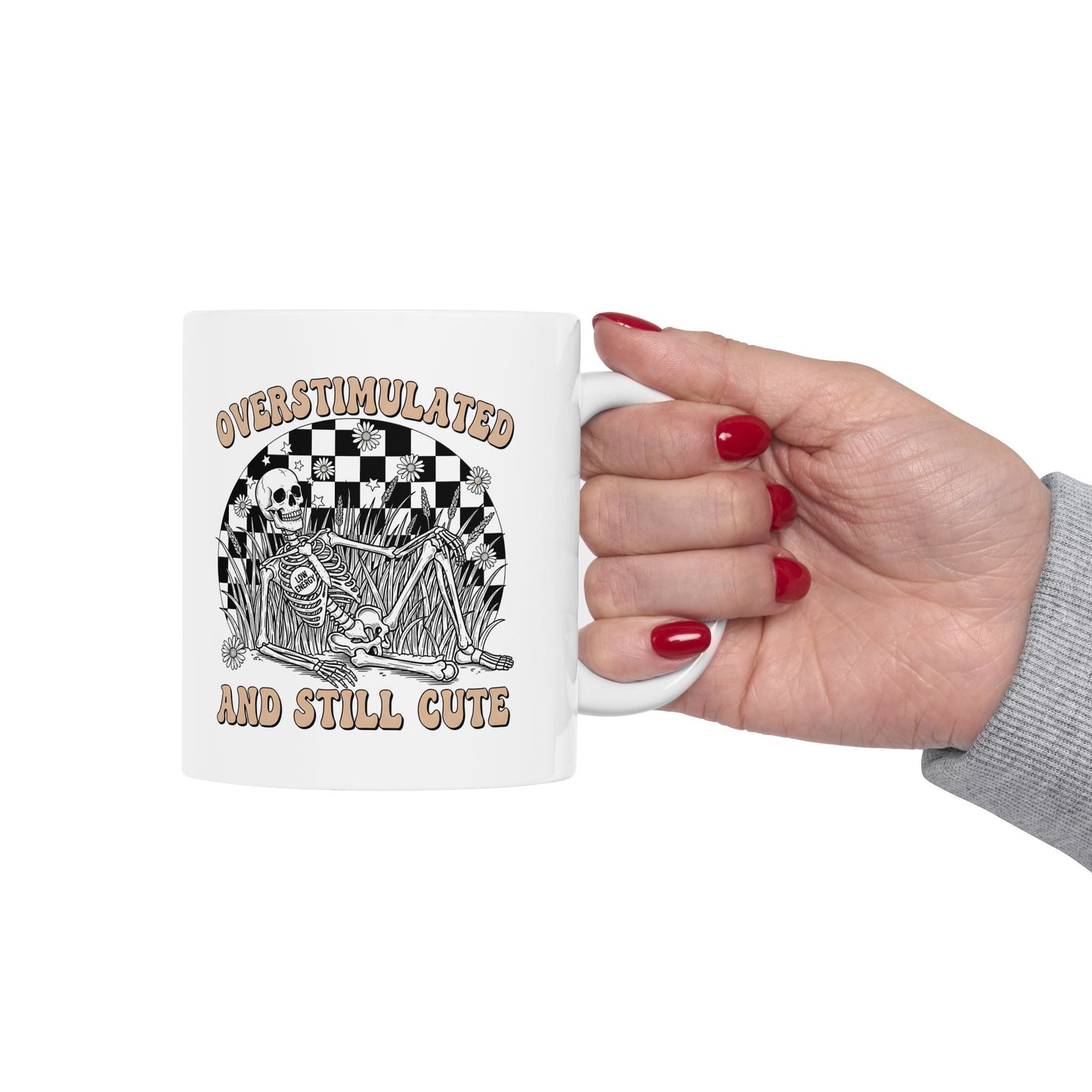 Ceramic Mug — “Overstimulated and Still Cute” Retro Checker Skull Coffee Cup (11oz & 15oz)