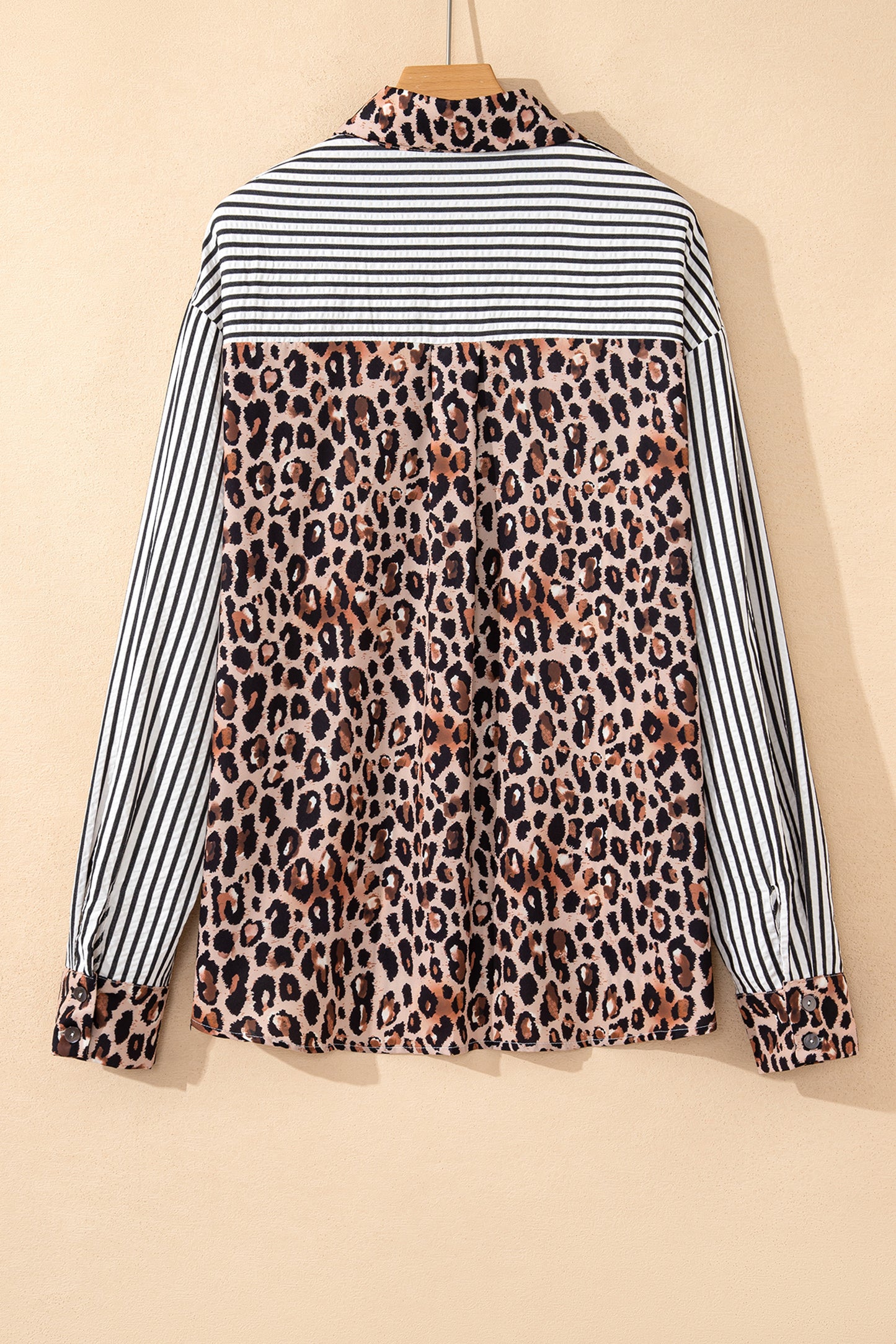 Black Striped Leopard Print Patchwork Button Up Womens Shirt