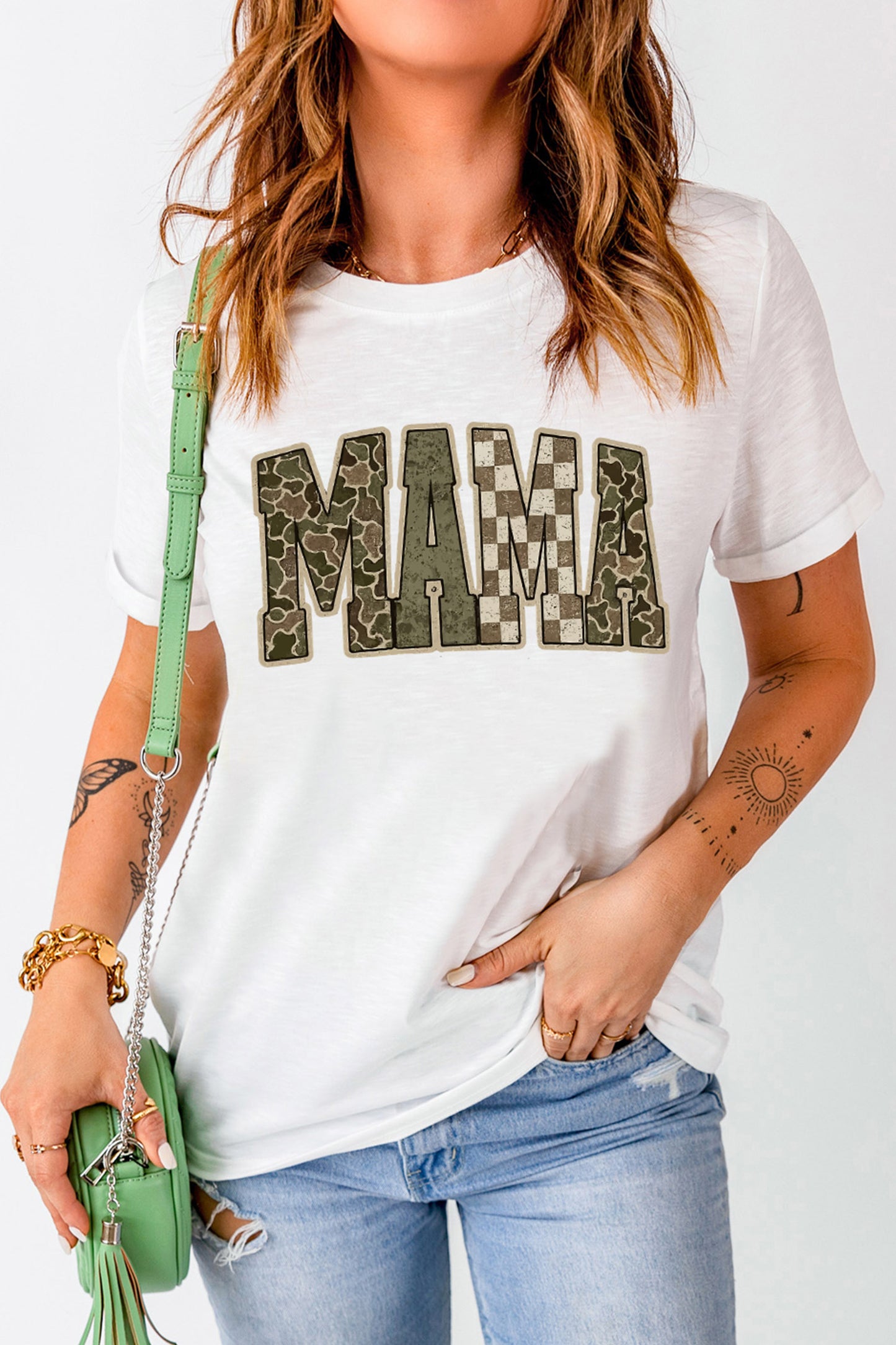 White MAMA Mixed Pattern Lettering T Shirt