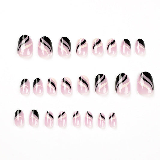 Press on armor, French simple black and white wavy lines Press on armor, short nails art Press on nails press on – Image 2