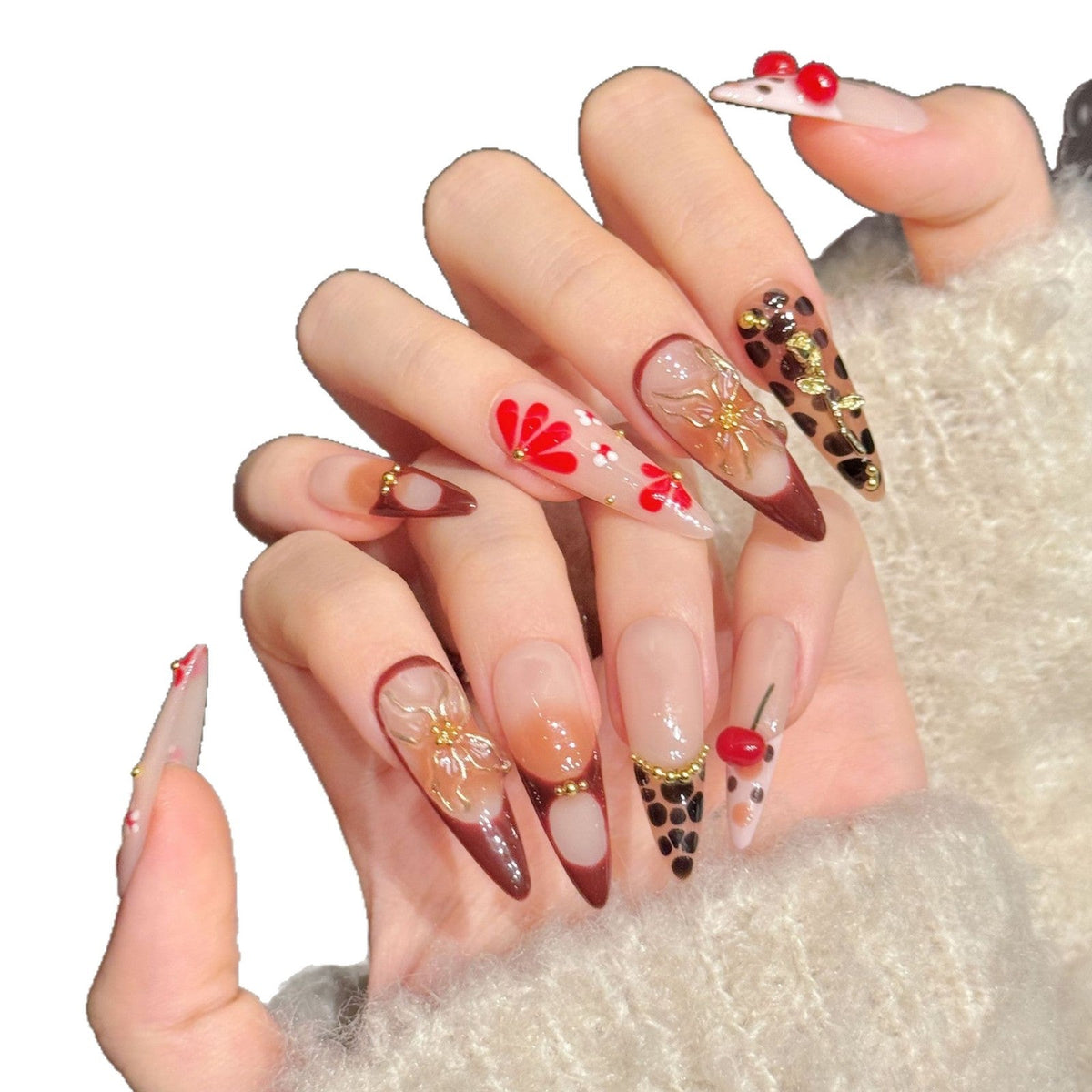 365nails: "Cherry Leopard" – 3D Floral & Animal Print Handmade Stiletto Nails – Image 4