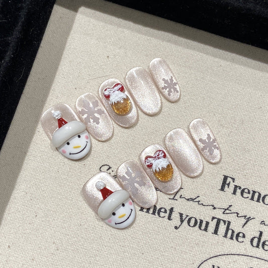 Snowman and Gold Bell Christmas Press‑On Nails – Snowflake Design