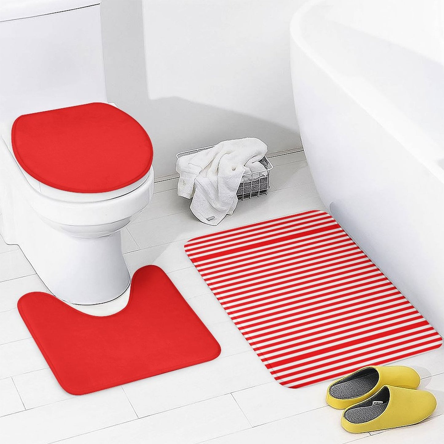 Shower Curtain Set with 3 Rugs Red Stripes