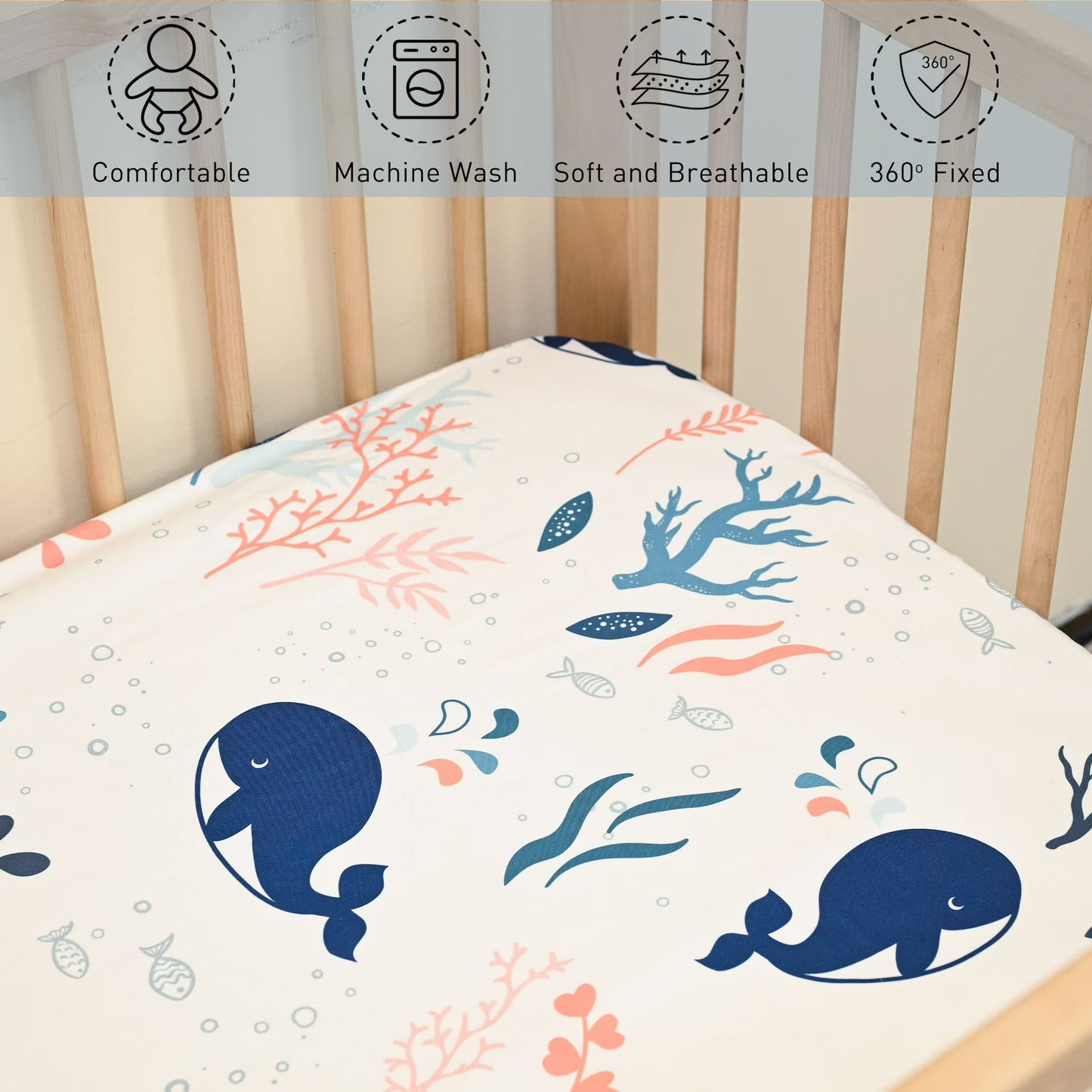 Baby Crib Sheets, Organic Fitted Elastic Toddler Bed Crib Mattress Sheets 52"x28"x9",Blue Ocean
