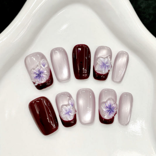 365nails: "Midnight Bloom" – Hand-Painted Floral Gradient Handmade Medium Square Nails – Image 2
