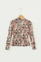 Black Retro Floral Print Mock Neck Mesh Long Sleeve Top