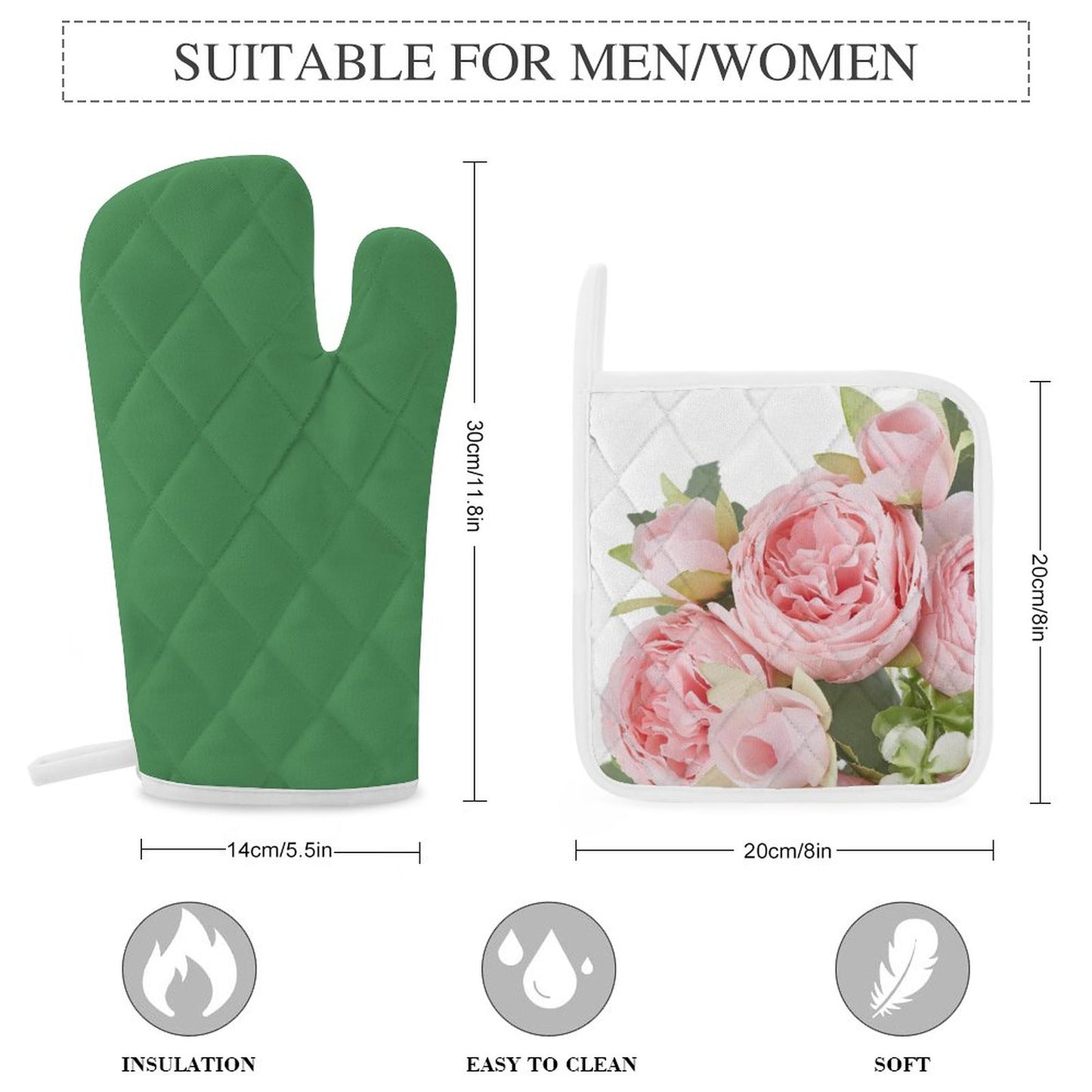 Oven Mitts & Pot Holder Set of 3 Pink flowers