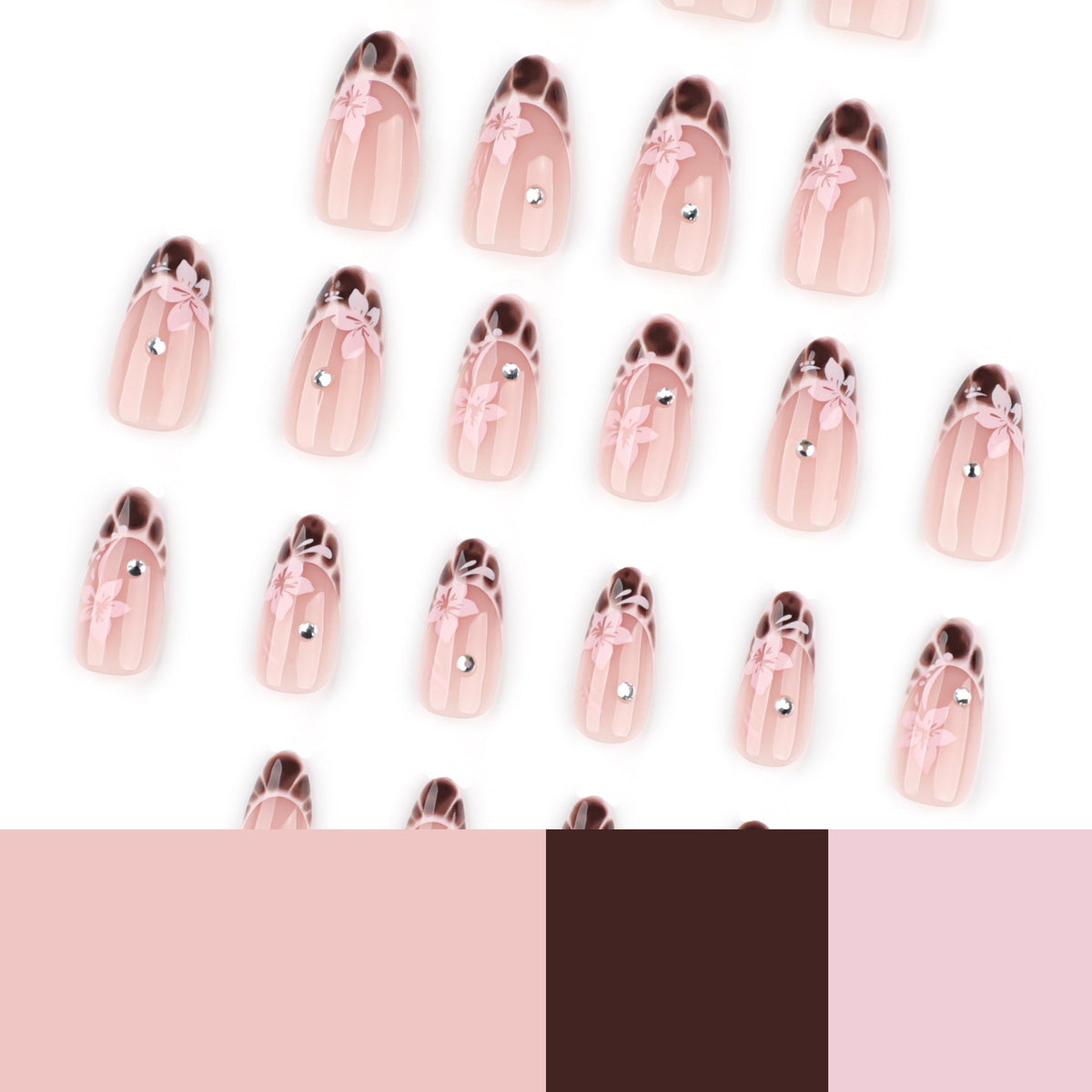 365nails: "Leopard Hibiscus Almond" – Floral & Rhinestone Accent Press-on Nails – Image 4