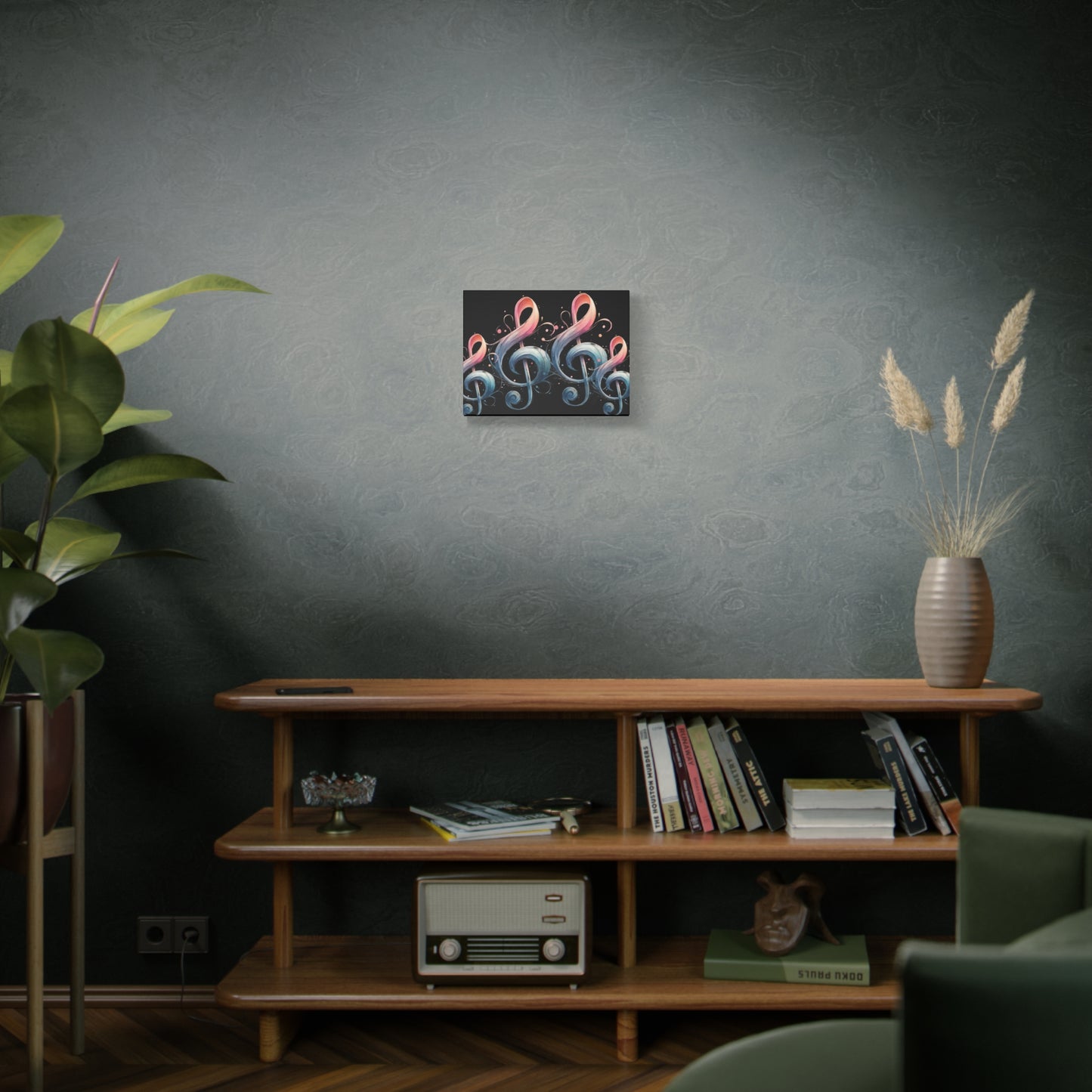 Musical Treble Clef Canvas Wall Art — Pastel Ribbon Notes on Black