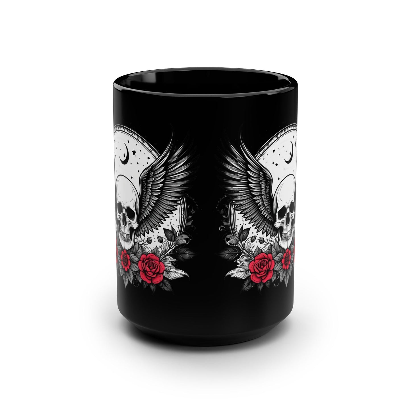 Black Skull & Roses Mug — 15oz Gothic Coffee Cup with Wings and Moon Design