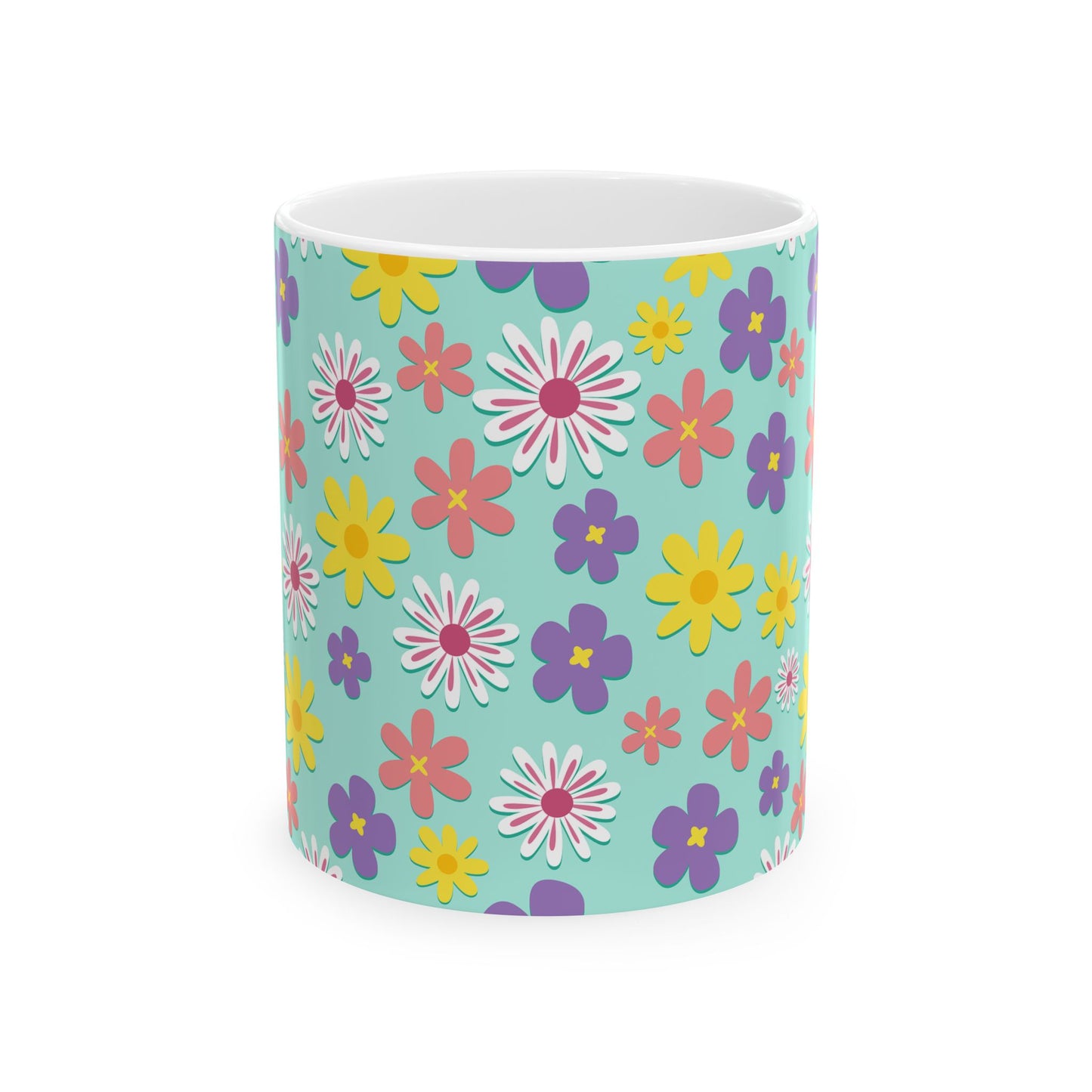 Turquoise Floral Pattern Mug — Colorful Daisy Coffee Cup (11oz & 15oz)