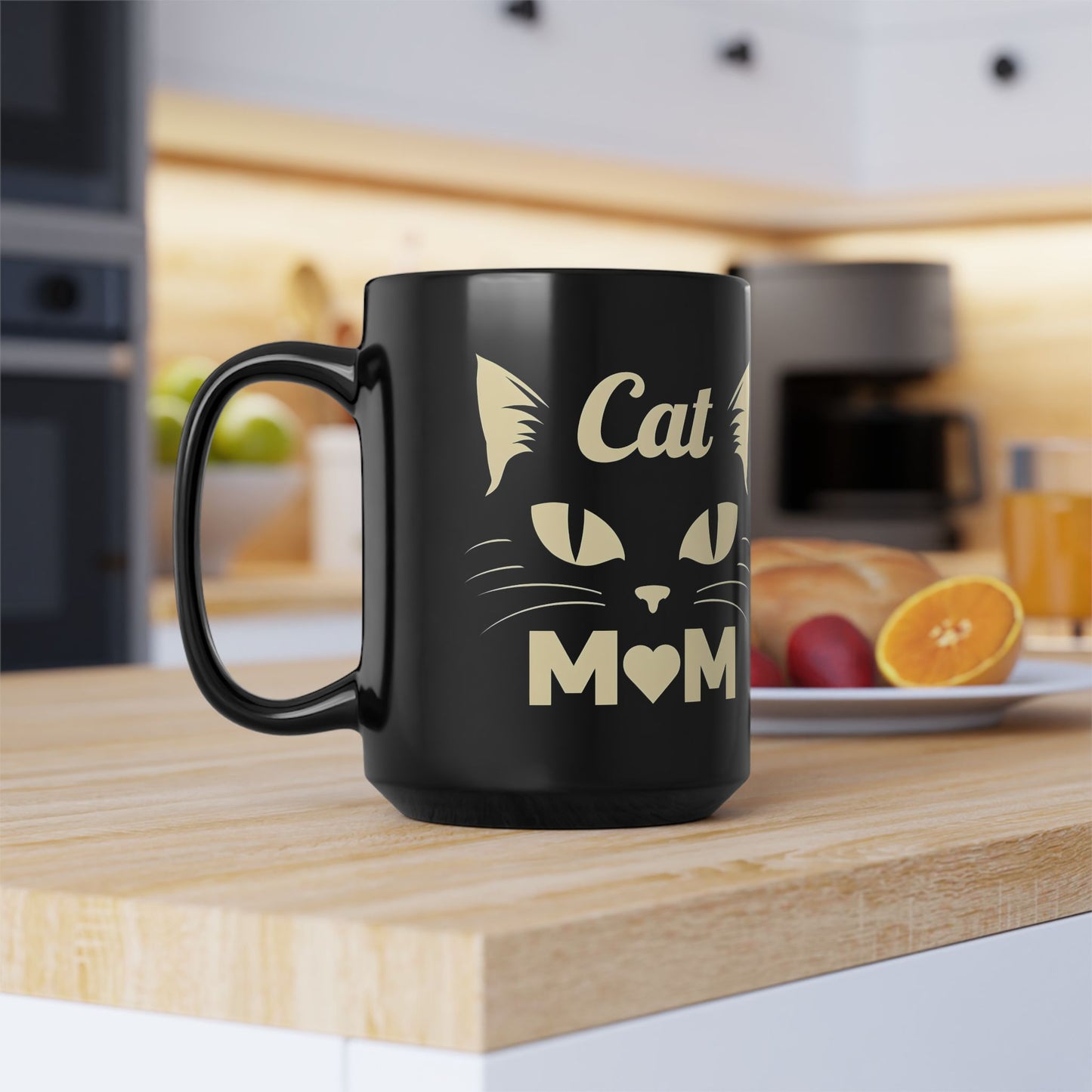Cat Mom 15oz Black Mug — Cute Cat Face Coffee Cup for Cat Lovers