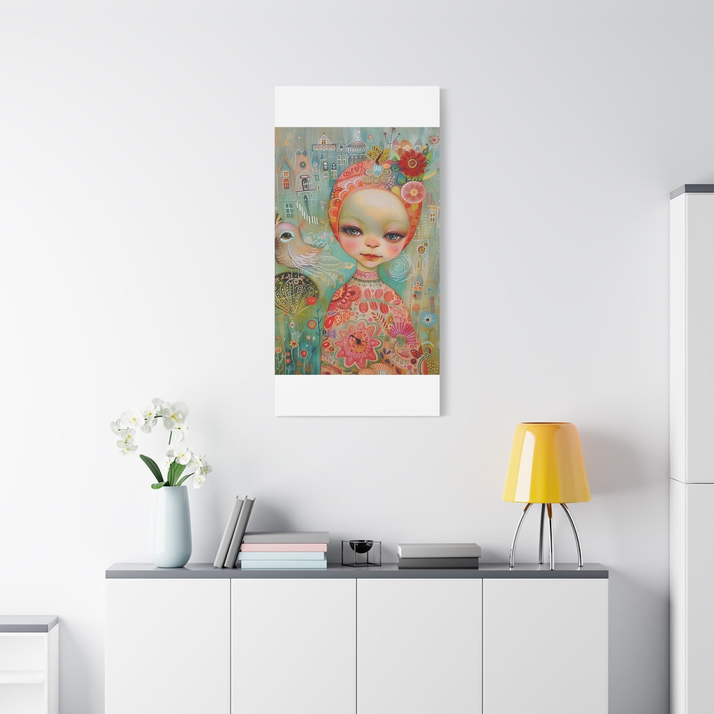 Whimsical Girl & Bird Matte Canvas Wall Art — Stretched Decorative Painting