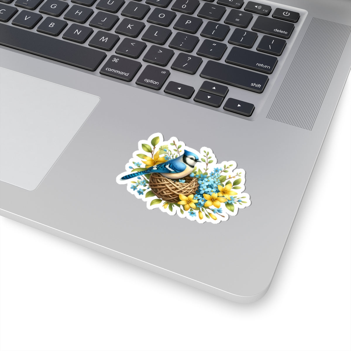 Blue Jay Nest Sticker — Floral Bird Kiss-Cut Vinyl Decal