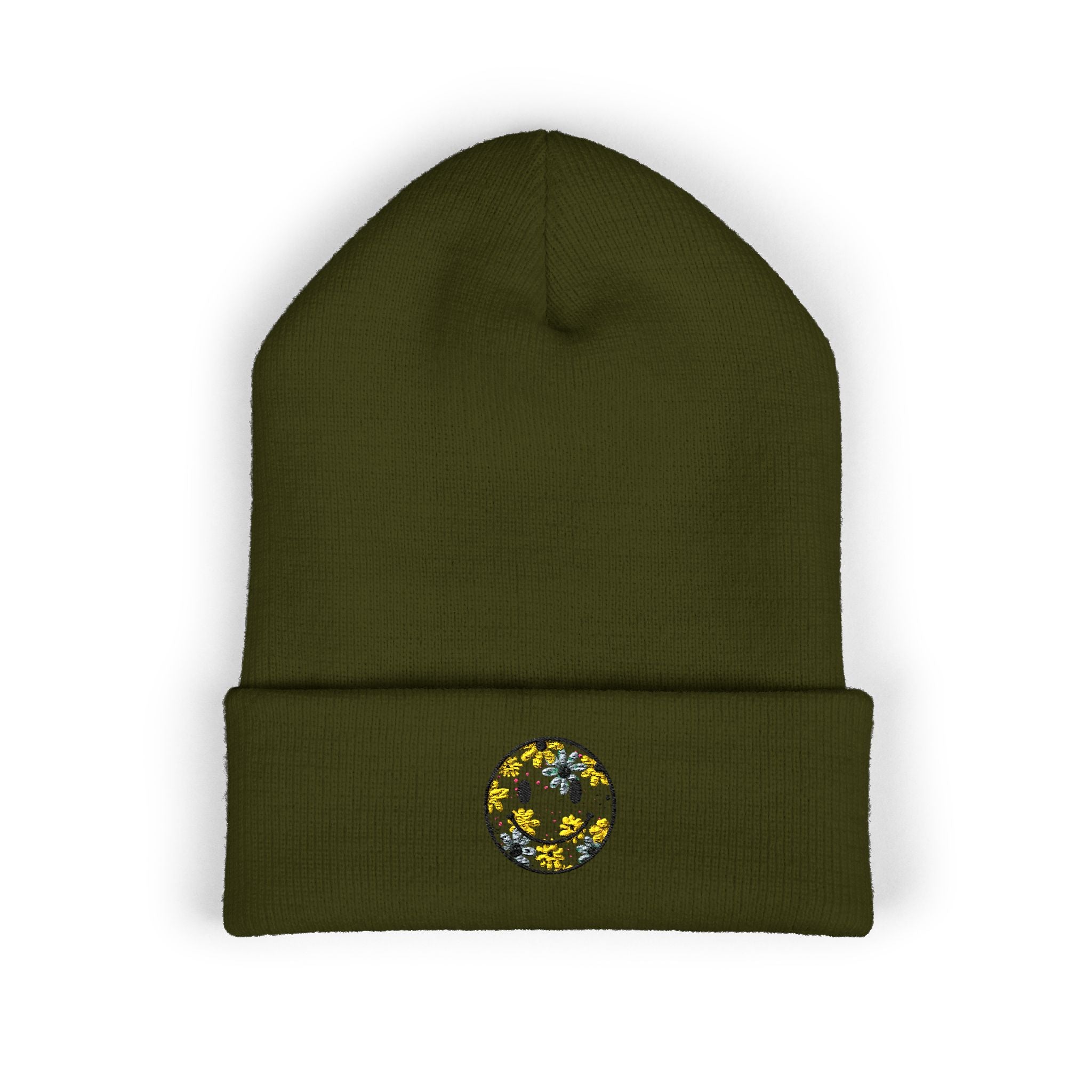 Smiley Daisy Embroidered Beanie — Cute Floral Smile Patch Cuffed Hat