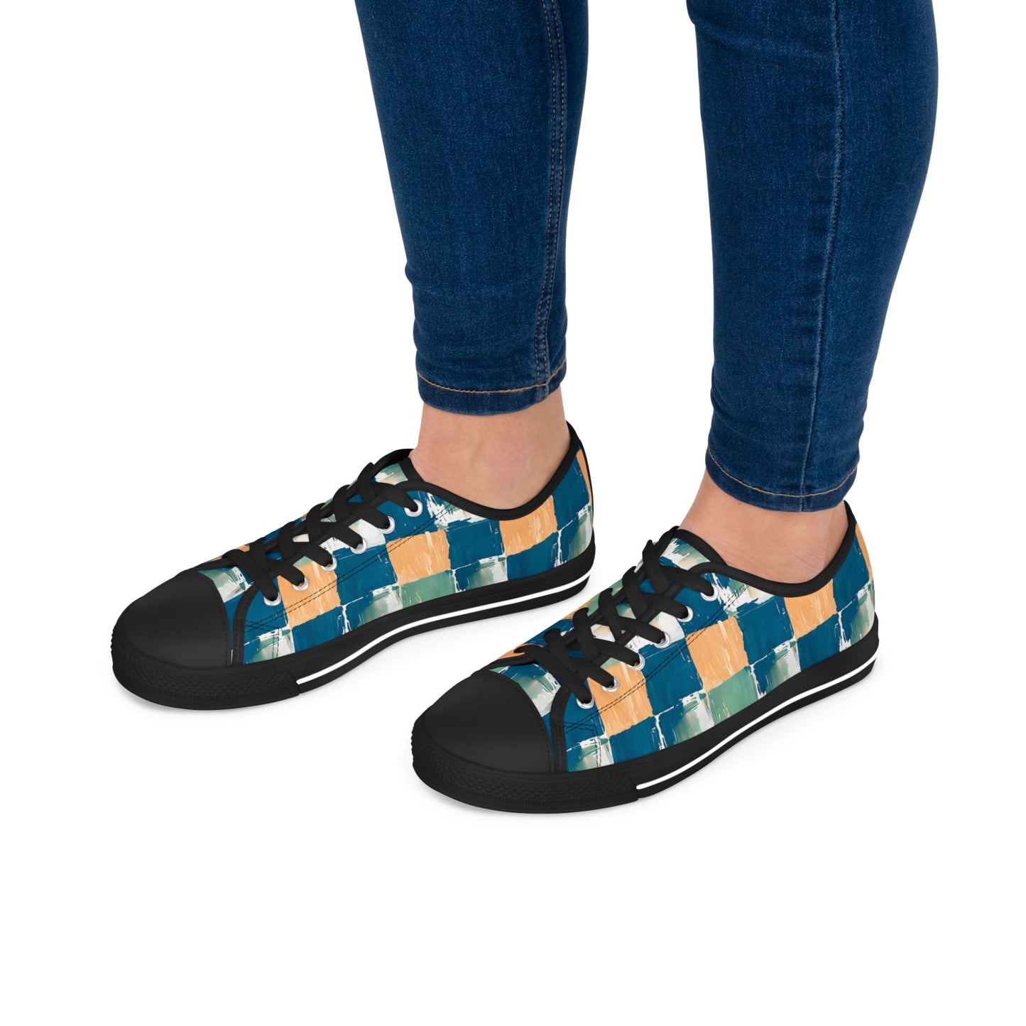 Canvas Sneakers — Hand-Painted Checkerboard in Teal, Orange & Mint