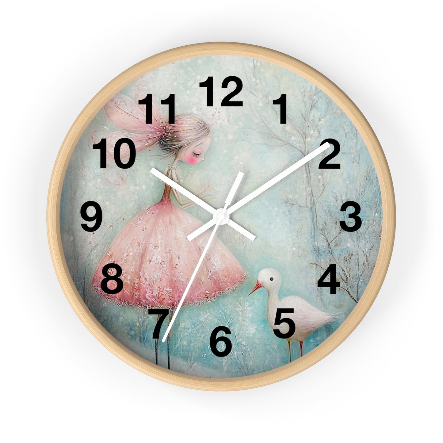 Whimsical Girl & Swan Wall Clock — Pastel Nursery Decor