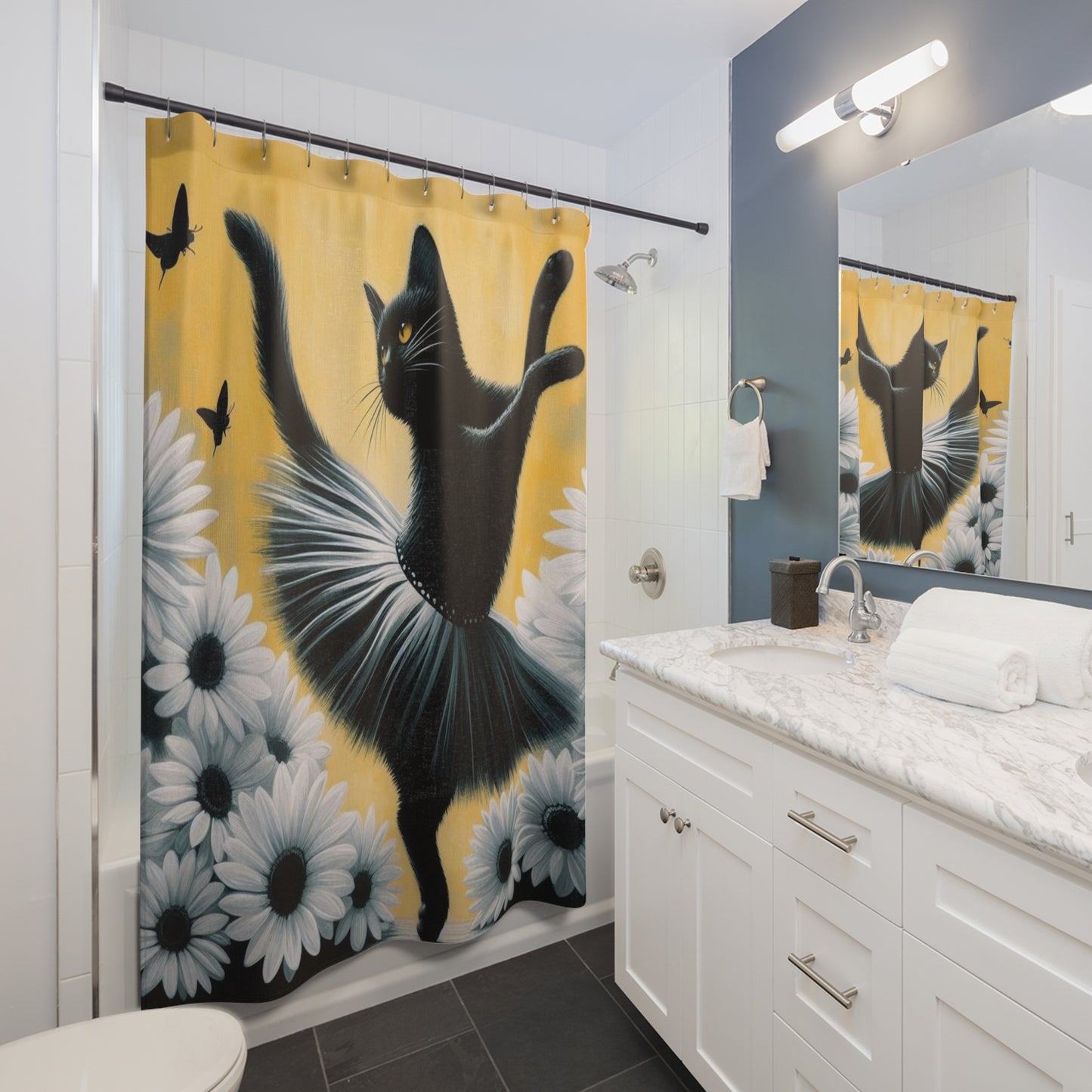 Black Cat Ballerina Shower Curtain — Dancing Cat with Daisies Bathroom Decor