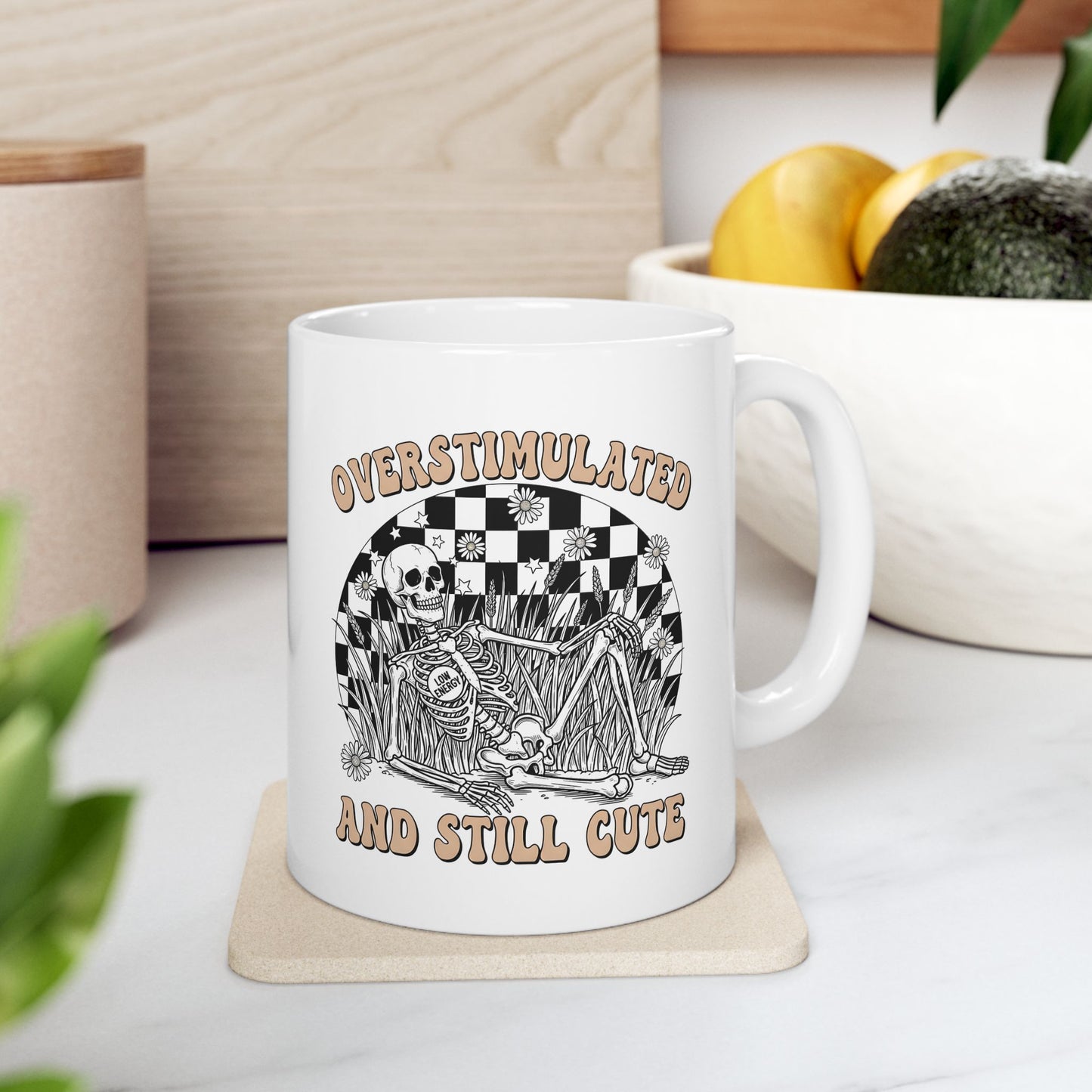 Ceramic Mug — “Overstimulated and Still Cute” Retro Checker Skull Coffee Cup (11oz & 15oz)