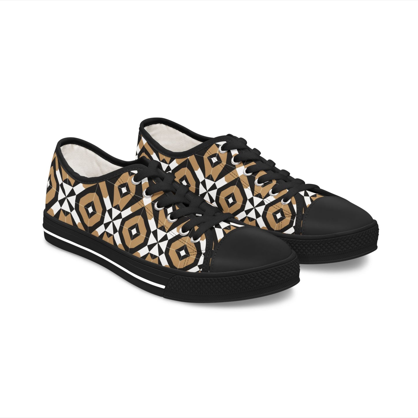 Low Top Sneakers — Geometric Tan & Black Aztec Pattern