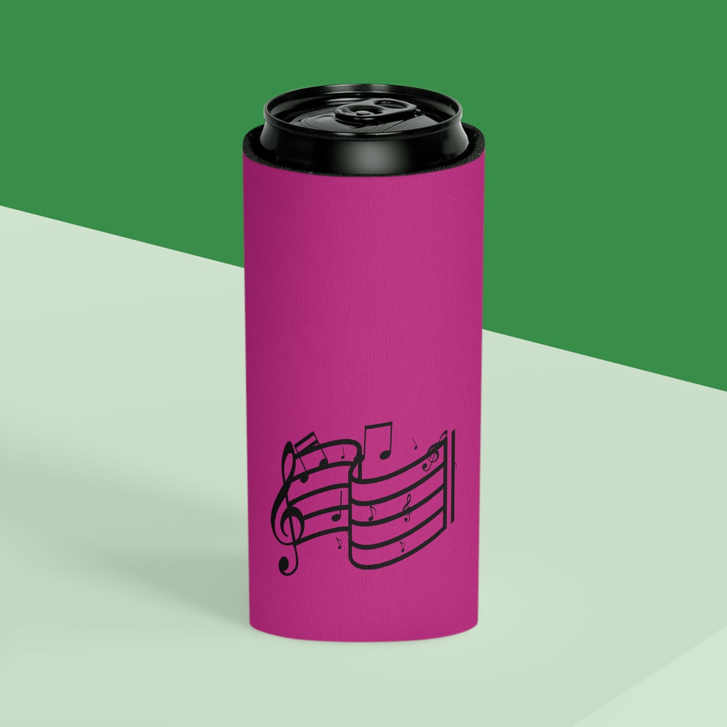 Musical Notes Can Cooler – Pink Neoprene Beverage Koozie for Music Lovers