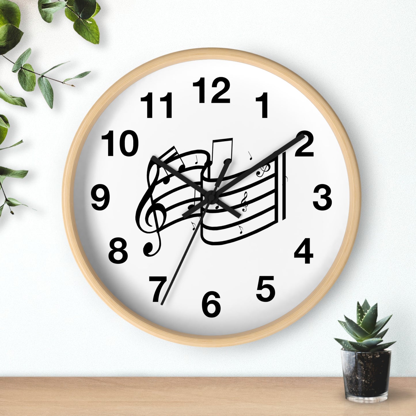 Music Notes Wall Clock — Black & White Treble Clef Timepiece for Music Lovers