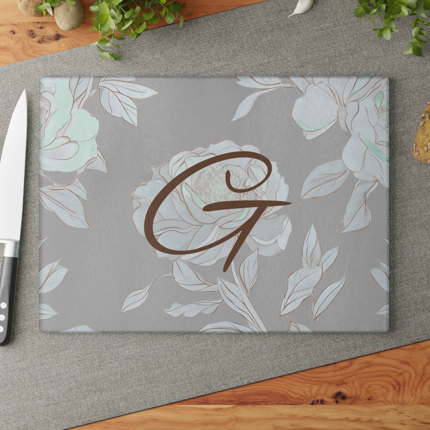 Personalized Floral Glass Cutting Board Letter G