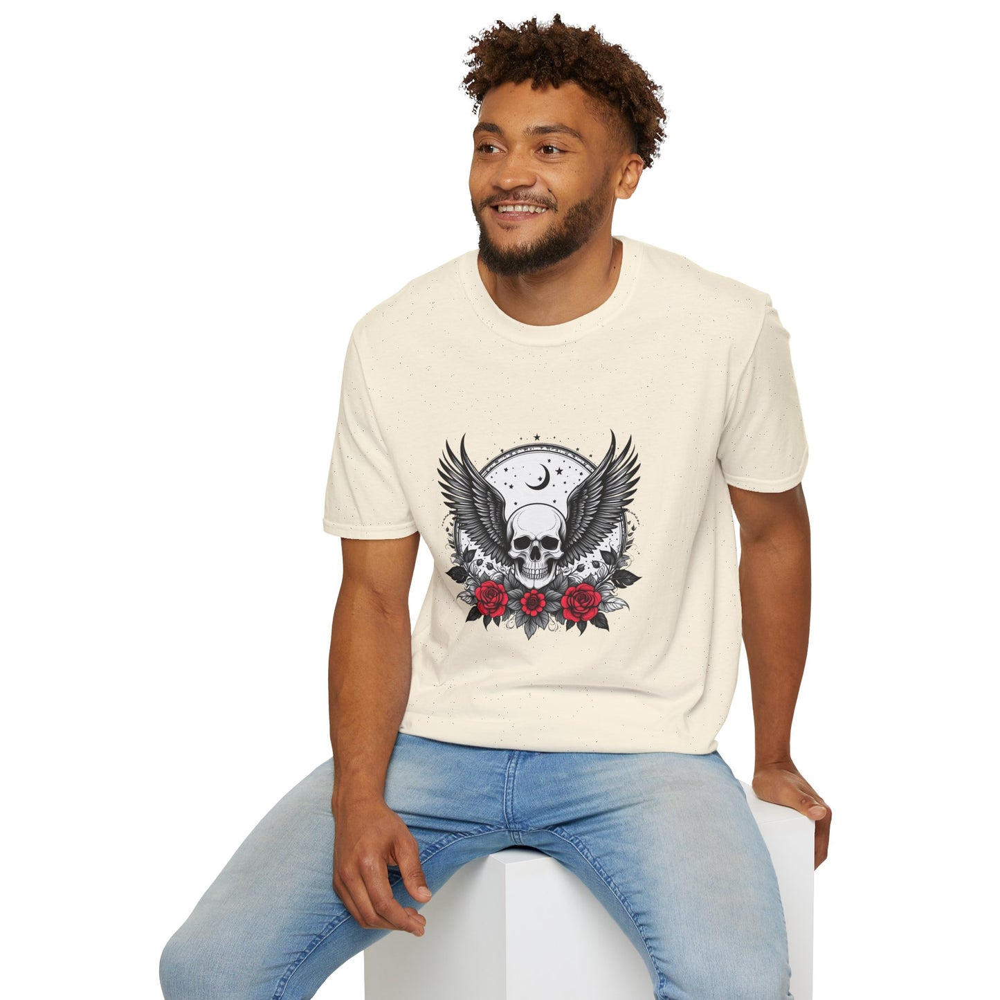 Skull Wings T‑Shirt – Crescent Moon & Red Roses Gothic Graphic Tee