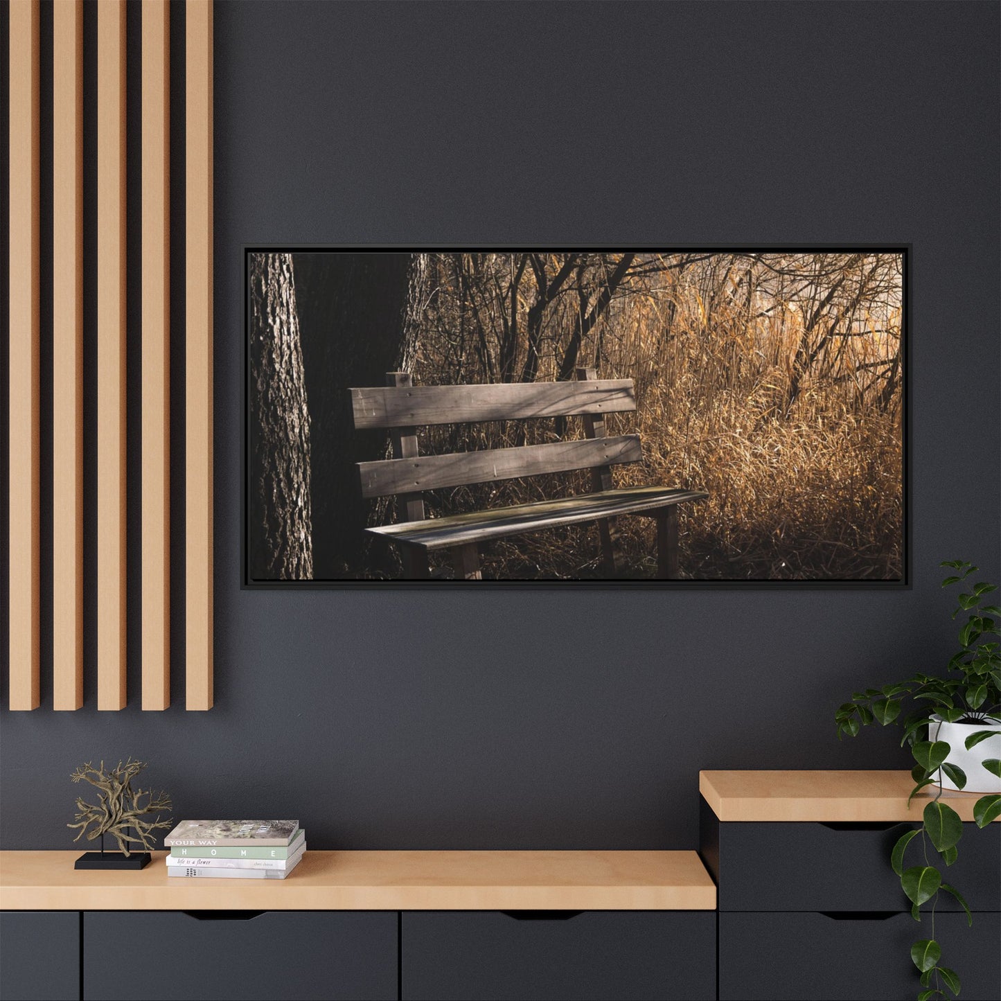 Framed Matte Canvas Print — Autumn Park Bench Photography