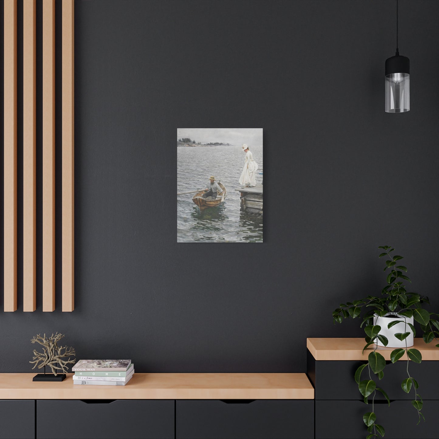 Seaside Stroll Canvas Print — Vintage Woman & Rowboat Matte Stretched Art 1.25"