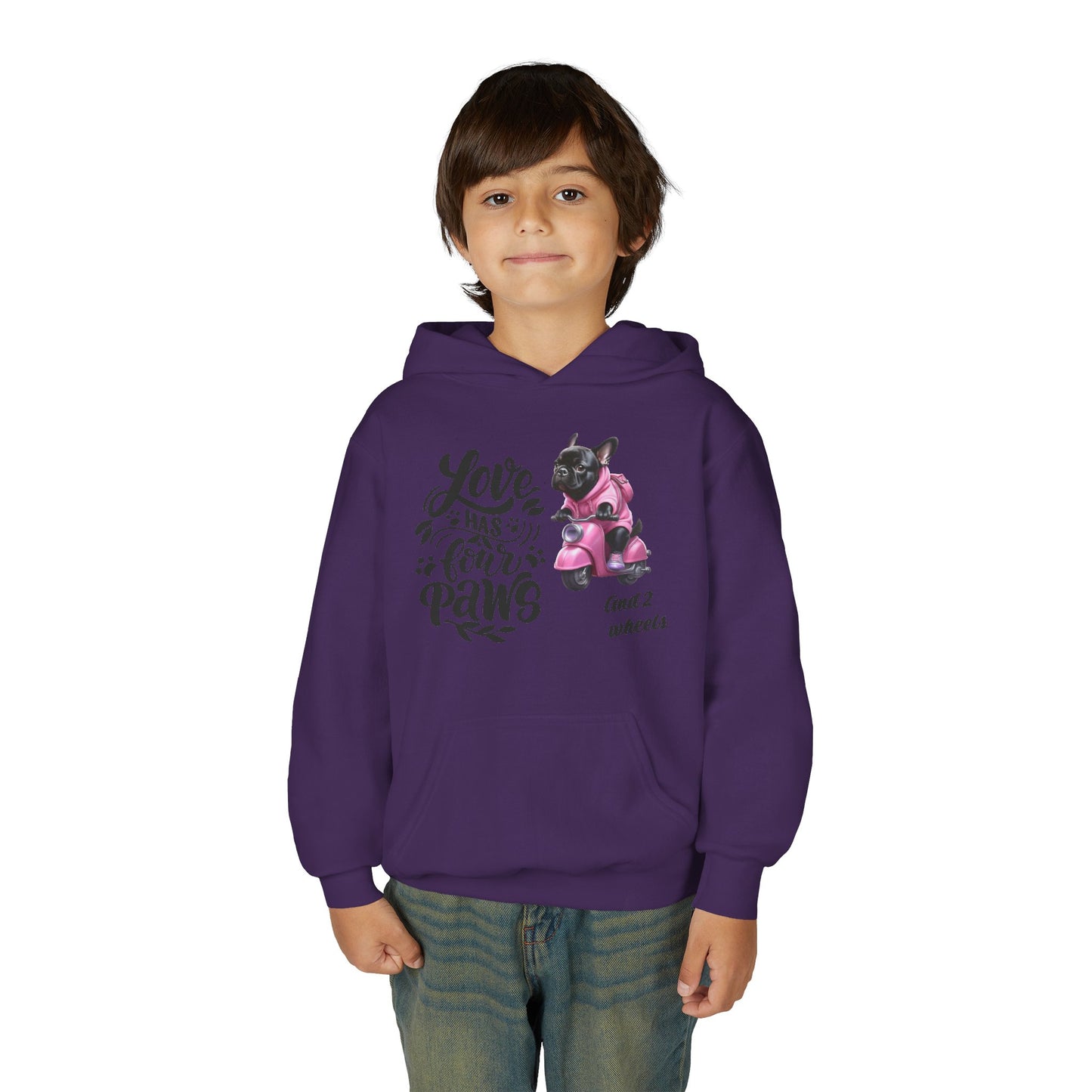 Youth Hoodie — "Love Has Four Paws" Pink Scooter French Bulldog Graphic