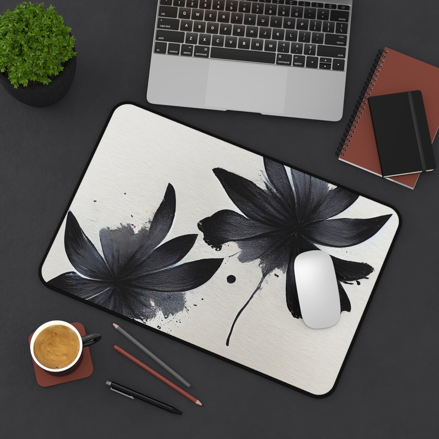 Black Ink Floral Desk Mat — Minimalist Monochrome Mousepad for Office & Home