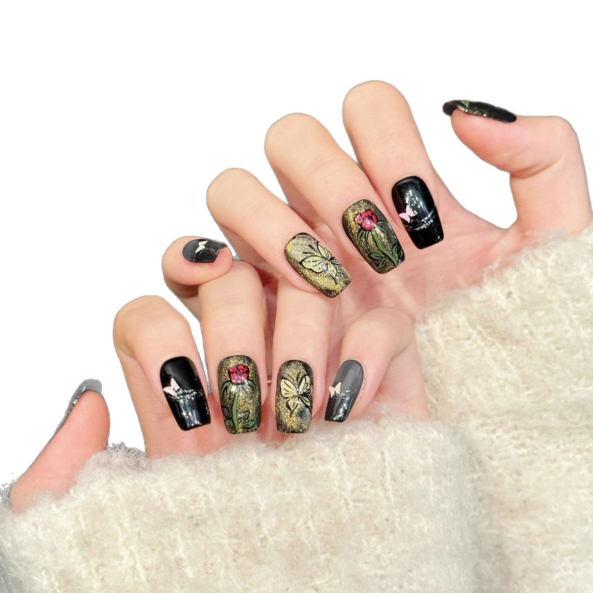 365nails: "Gothic Garden" – 3D Floral & Butterfly Handmade Medium Coffin Nails – Image 4