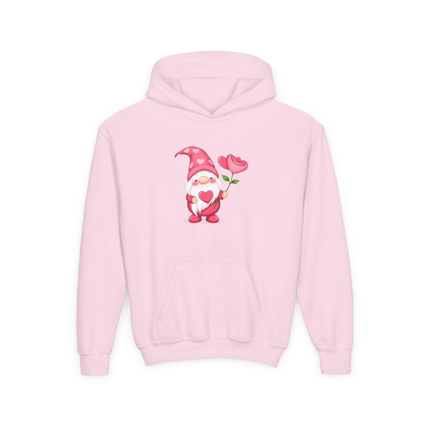 Valentine Gnome Kids Hoodie — Cute Pink Gnome Holding Rose Youth Sweatshirt