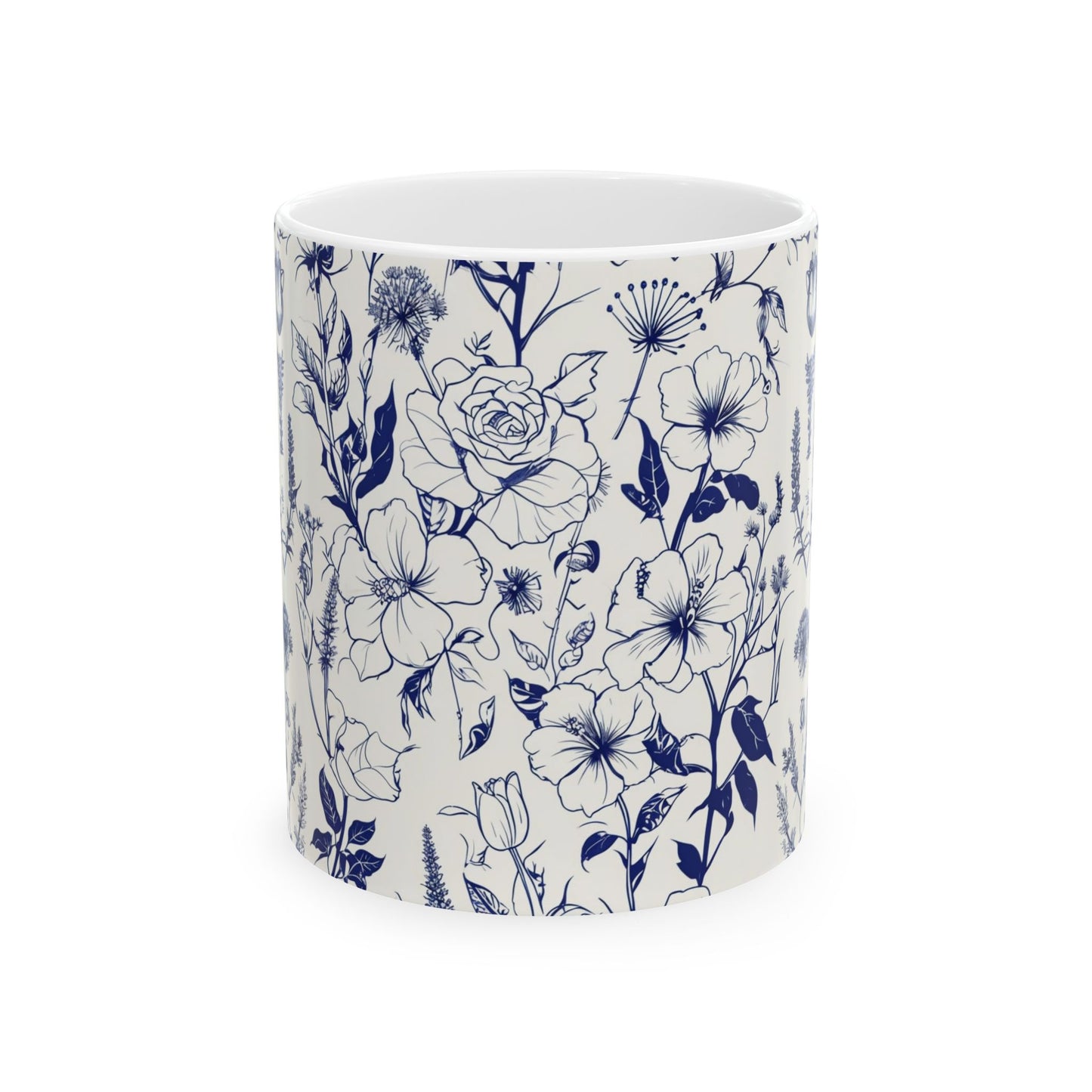Blue Floral Ceramic Mug — Vintage Navy Botanical Coffee Cup (11oz, 15oz)