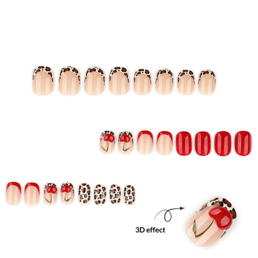 Red Cherry and Leopard Accent Glossy Press-On Nails – Image 2