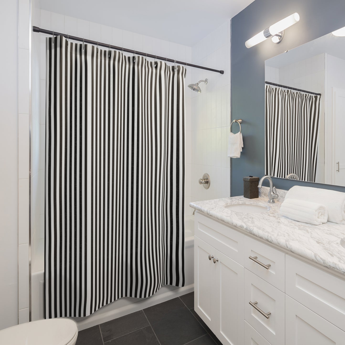 Black & White Vertical Stripe Shower Curtain — Modern Minimalist Bathroom Decor