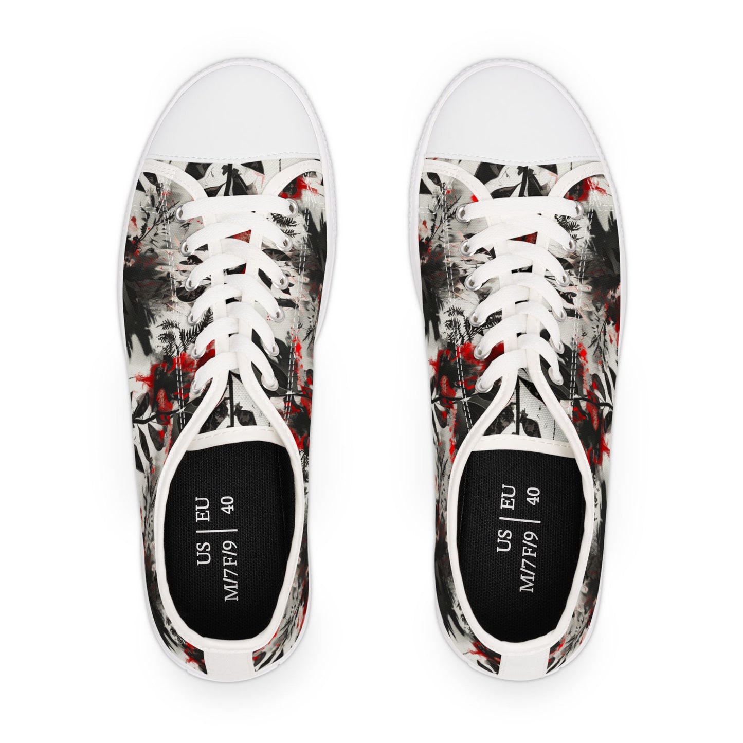 Floral Ink-Blend Low Top Sneakers — Artistic Black & Red Canvas Shoes