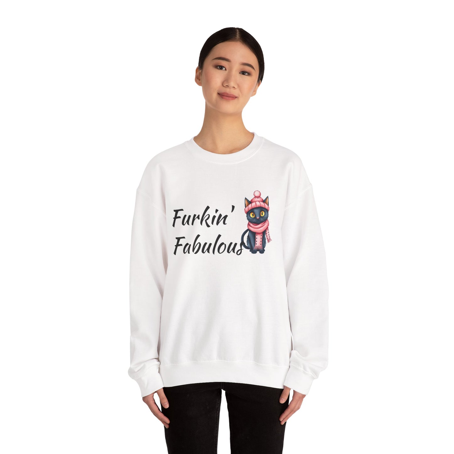 Crewneck Sweatshirt — "Furkin' Fabulous" Cute Black Cat in Pink Hat & Scarf