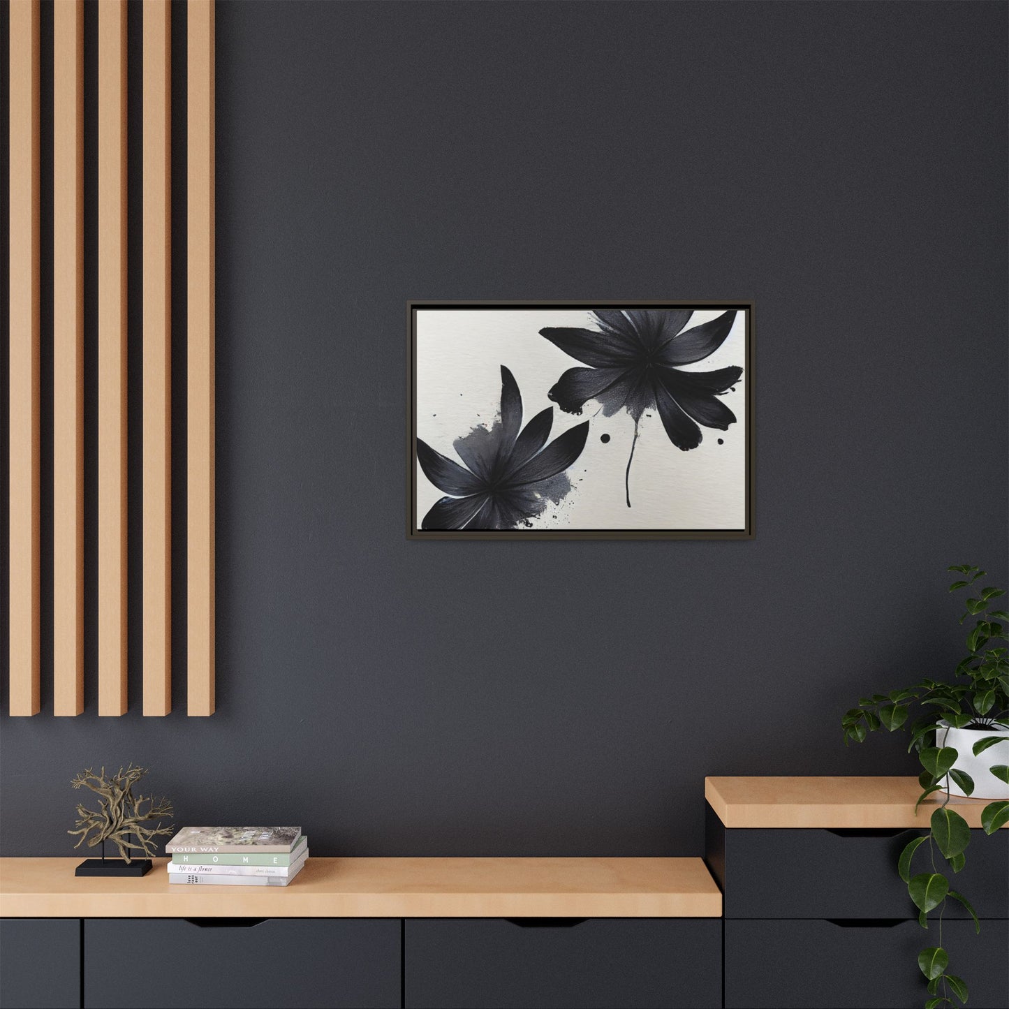 Framed Black Floral Matte Canvas Wall Art — Monochrome Botanical Print