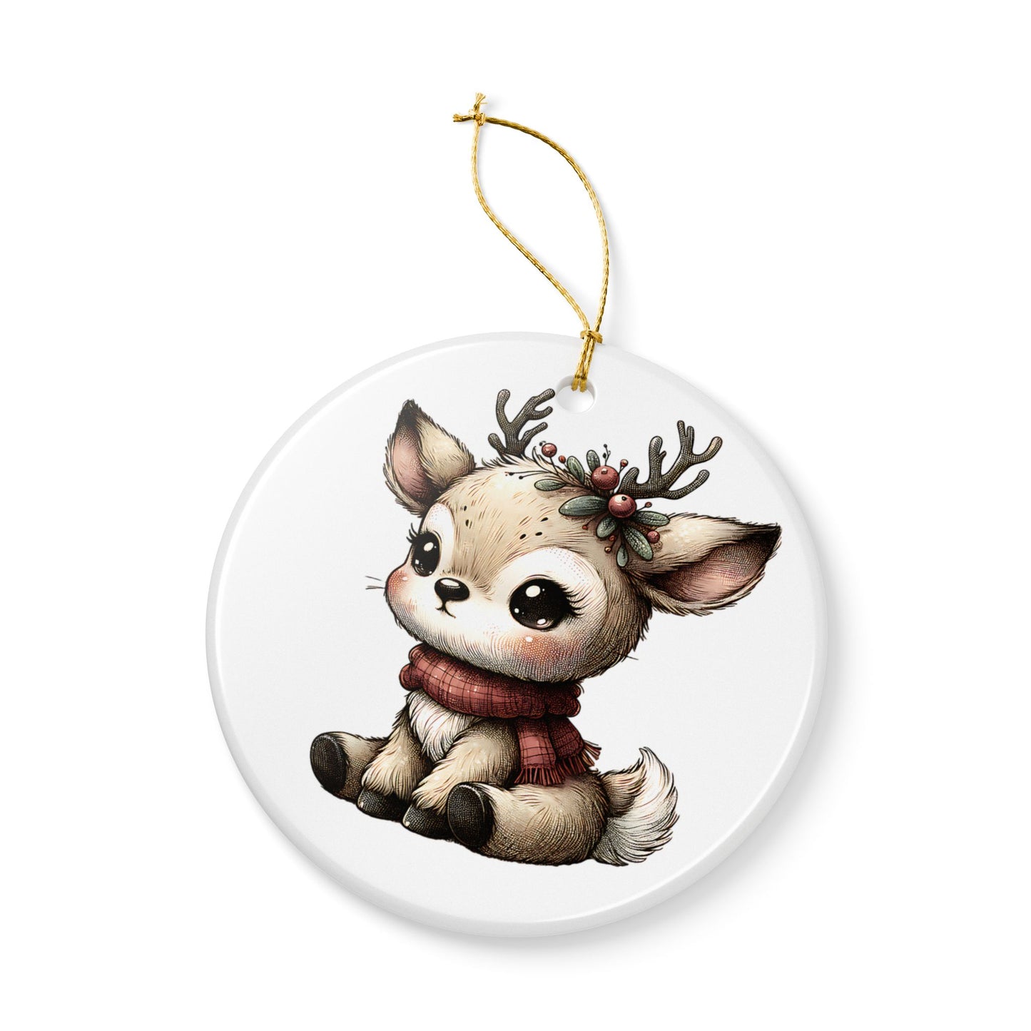 Cute Baby Reindeer Ceramic Ornament – Two-Sided Holiday Tree Decoration